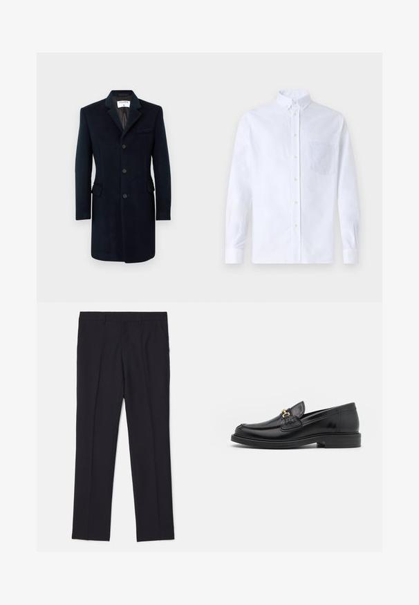 Tumesinine villane mantel, millel on kohandatud lõige, ühekordne kinnitamine, nurga lõikega krae ja kolm nööpi. Omab kahte küljetaskut ja ühte rinna-taskut.; Valge pikamaa varrukatega nööbiga särk, mis on valmistatud puuvillast ja millel on rinna tasku toon-toonis brodeeringuga, krae ja nööbiga mansetid.; Mustad kohandatud püksid, mis on valmistatud sileda kangaga, tähistatud kahe küljetaskuga, sirge jala kujundusega ning ilma nähtavate mustrite või aktsentideta.; Mustad nahast loafers ümarate varvastega, millel on kuldne riistvaraline aksessuaar ja tikandite detail, paigutatud madalale, tekstureeritud kummist tallale.