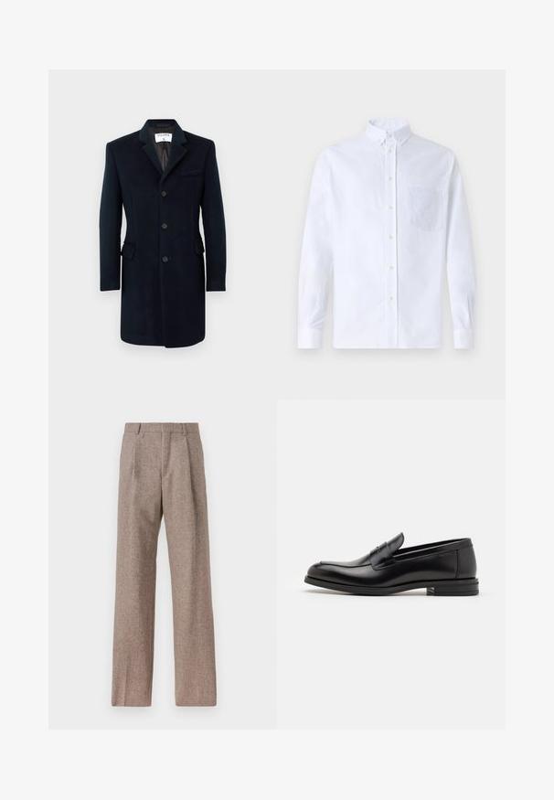 Mørkeblå uldfrakke med skræddersyet pasform, ensidet knaplukning, såkaldte notch-lapel og tre knapper. Den har to sidelommer og en brystlomme.; Hvid langærmet skjorte med knapper lavet af bomuld, med en brystlomme med tonal broderi, krave og knapmanchetter.; Brune, højtaljede bukser lavet af tekstureret stof. Har brede ben og to frontfoldninger for struktur. Pæn finish uden synlig hardware.; Sorte læderloafers med en glat overflade, rund tå og en dekorativ strop over vampen. Lav hæl med stabeldesign, minimalistisk stil.