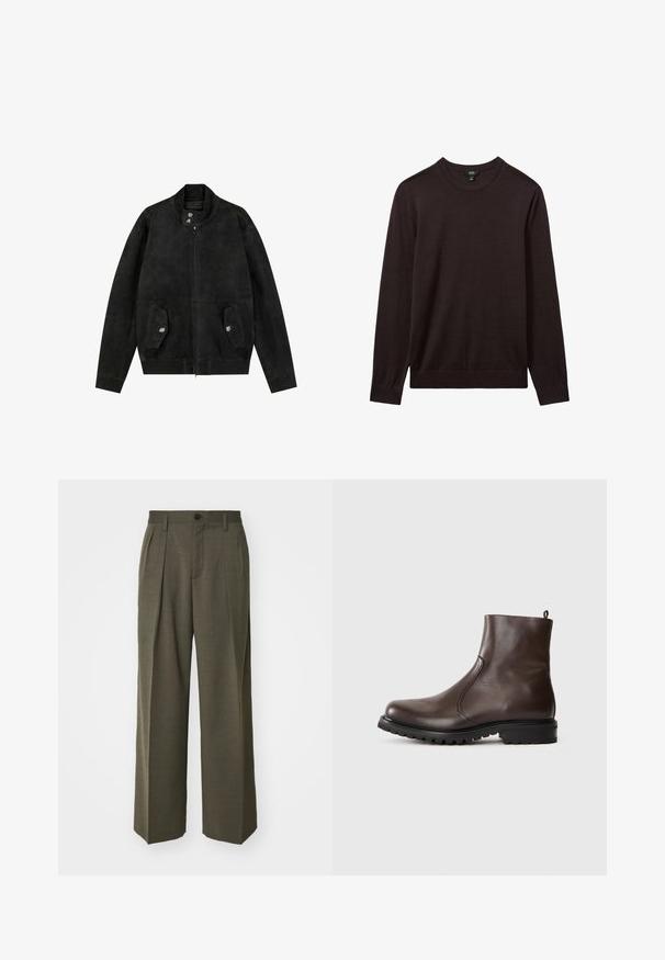 Zwarte suède bomberjack met hoge kraag, frontale rits, twee knoopflappen zakken en lange mouwen tegen een witte achtergrond.; Reiss Trui - dark bordeaux; Filippa K WIDE TROUSERS - Broek - driftwood; Bruine leren enkelboot met een gladde textuur, elastische zijpanelen, een trekband aan de achterkant en een robuuste rubberen zool.
