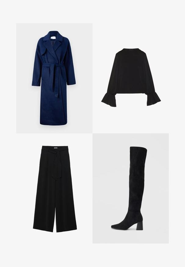 Námořnická modrá dlouhá župánek s širokým límcem, pásem v pase, dvěma předními kapsami a měkkou, texturovanou tkaninou.; Černý top s dlouhými rukávy, který má rozšířené manžety, jemnou texturu a volný střih, s jednoduchým kulatým výstřihem.; Černé kalhoty s širokými nohavicemi, vyrobené z texturované tkaniny, s elastickým pasem a odnímatelným páskem na úpravu velikosti.; Černé semišové vysoké boty s blokovým podpatkem, špičatou špičkou a hladkým, bezšvovým designem na jednoduchém světlém pozadí.