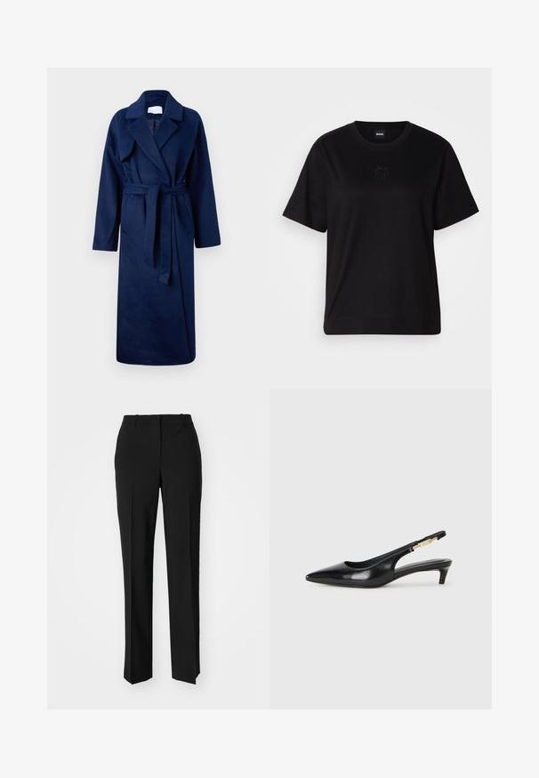 Tengerészkék, hosszú ujjú köpeny széles gallérral, övvel a derékon, két elülső zsebbel és puha, texturált anyagból.; Fekete pamut póló kerek nyakkivágással, rövid ujjakkal és hímzett logóval a mellkasán. Egyszerű, laza szabás, minta nélkül.; Fekete, testhezálló nadrág egyenes szárú kivitelben, sima textúrával és éles redőkkel az elején. Nincs látható fémalkatrész.; Fekete bőr slingback magassarkúk, hegyes orral, vékony sarkakkal és arany színű részlettel a állítható pánton. Simа felület.