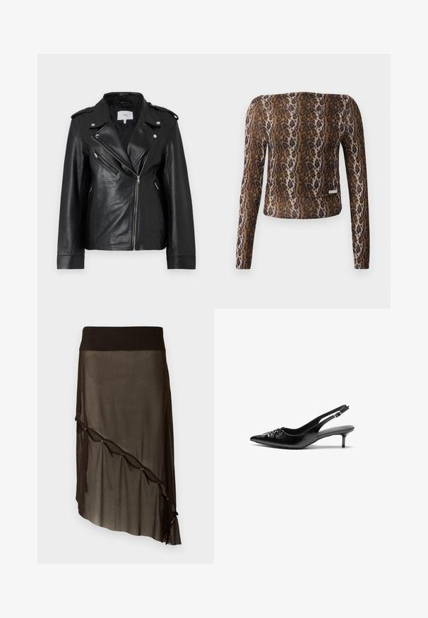 Črna usnjena jakna z nagibnim zadrgo, ramenskimi epauletti in dvema žepoma z zadrgo ter gladko teksturo.; Cropped top s dolgimi rokavi v leopardjem vzorcu, z gladko teksturo, rjavimi in črnimi odtenki ter diskretnim logotipom na robu.; Črna mrežasta krila z slim pasom, asimetričnim robom, dekorativnimi gumbi spredaj in plasteh prozorne teksture.; Črne usnjene slingback pete z izostrenim nosom, majhno mačje peto in okrasno vozličasto podrobnostjo na sprednjem delu. Gladka tekstura po celotni površini.