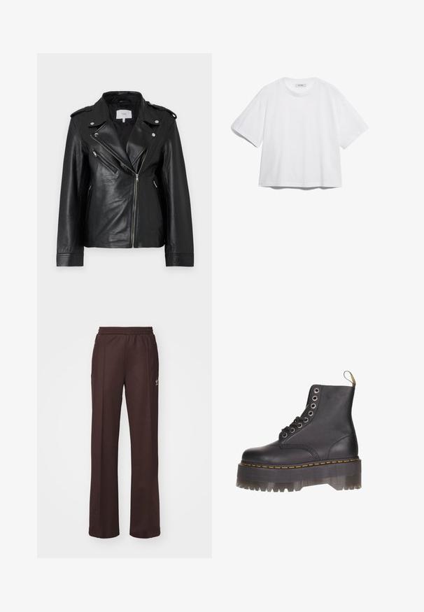 Svart skinnjakke med skrå glidelås, skulderepauletter og to glidelåslommer med en glatt tekstur.; Hvit bomull t-skjorte med korte ermer, rund hals, avslappet passform og uten synlige mønstre eller grafikk. Glatt tekstur og enkelt design.; Brune idrettsbukser med elastisk midjebånd, to sidelommer og en liten logo på venstre side, laget av et mykt stoff.; Sorte skinn ankelsko med seks Øye-lisser, gul søm og en transparent plattformsåle med sagkant.
