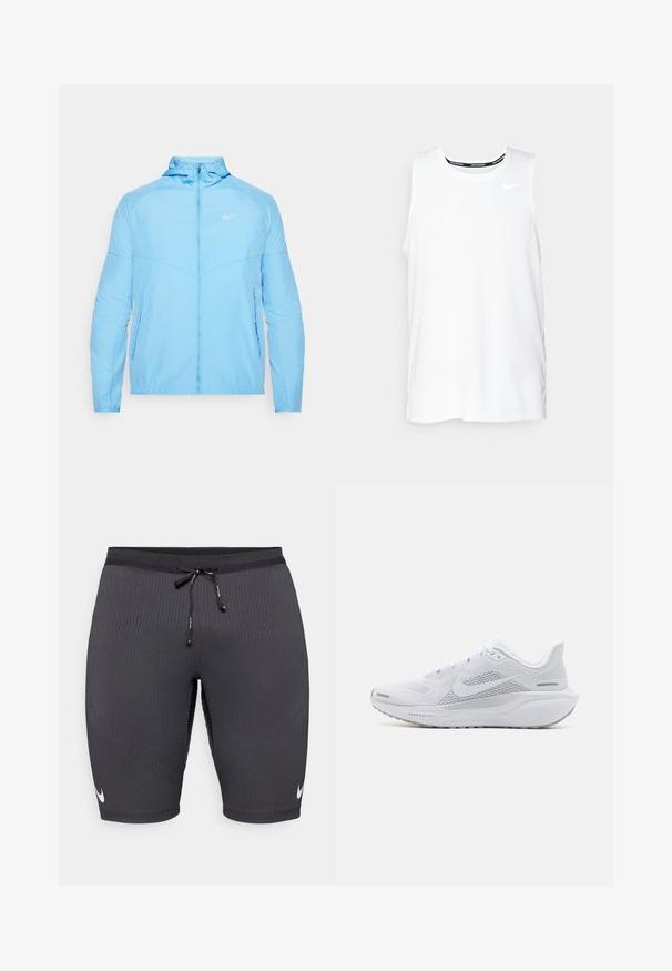 Chaqueta Nike de color azul claro con cuello alzado, cierre de cremallera, dos bolsillos laterales y un pequeño logo en la parte superior izquierda del pecho. Textura suave.; Camiseta sin mangas blanca de Nike para correr, con cuello redondo, textura suave y logo negro de Nike en la parte superior izquierda del pecho.; Shorts atléticos negros de tela acanalada, con cintura ajustable mediante cordón y un pequeño logo blanco de Nike en el lado izquierdo.; Zapatilla deportiva blanca con parte superior de malla, sobrecapas de textura suave, acentos en gris, cordones y una suela acolchada diseñada para el rendimiento.