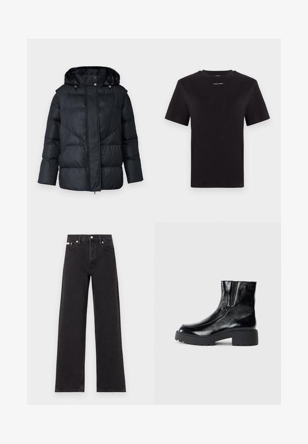 Sort pufferjakke med hætte, der har et quiltet design og sølvfarvede hardware-detaljer. Fremstillet af skinnende, glat og isoleret materiale.; Sort bomulds t-shirt med korte ærmer, rund halsudskæring og lille hvid "Calvin Klein" logo på brystet. Glat tekstur, klassisk pasform.; Sorte vidde jeans lavet af denim, med høj talje, fem-lomme stil og en metalknap lukning med kontrasterende syninger.; Sorte ankelstøvler med en blank patentlæderfinish, chunky sort gummisål og hævet hæl; inkluderer subtilt logodetalje på siden.