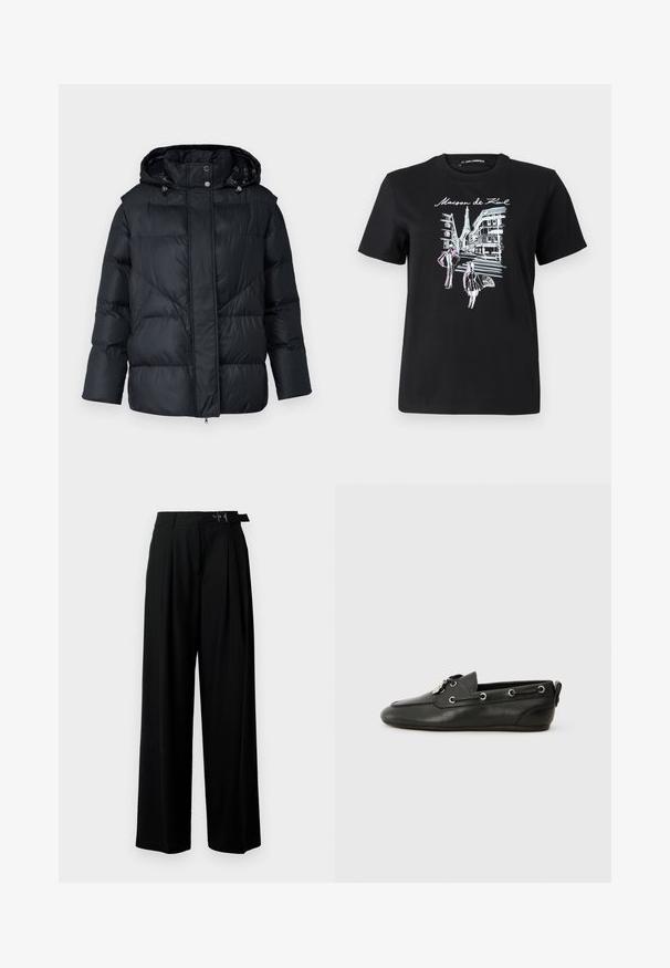 Czarna kurtka puchowa z kapturem, z pikowanym wzorem i srebrnymi akcentami. Wykonana z błyszczącego, gładkiego, izolowanego materiału.; Czarny bawełniany t-shirt z graficznym wzorem paryskich ulic z wieżą, podkreślony różowymi i białymi liniami. Okrągły dekolt.; Czarne spodnie szerokie w nogawkach z wysokim stanem, z plisami z przodu oraz paskiem z klamrą. Wykonane z gładkiego, lekkiego materiału.; Czarne skórzane buty żeglarskie z zaokrąglonym czubkiem, sznurówką z przodu, metalowymi oczkami i płaską podeszwą. Posiadają małą metkę z tyłu.