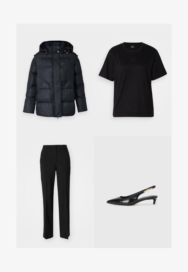 Doudoune noire avec capuche, dotée d'un design matelassé et d'accents en métal argenté. Confectionnée en matériau isolant, brillant et lisse.; T-shirt en coton noir avec un col rond, des manches courtes et un logo brodé sur la poitrine. Coupe simple et décontractée sans motifs.; Pantalon noir ajusté avec une coupe droite, présentant une texture lisse et des plis nets sur le devant. Aucune quincaillerie visible.; Talons hauts en cuir noir avec un bout pointu, dotés d'un talon fin et d'un accent en ton or sur la lanière réglable. Texture lisse.