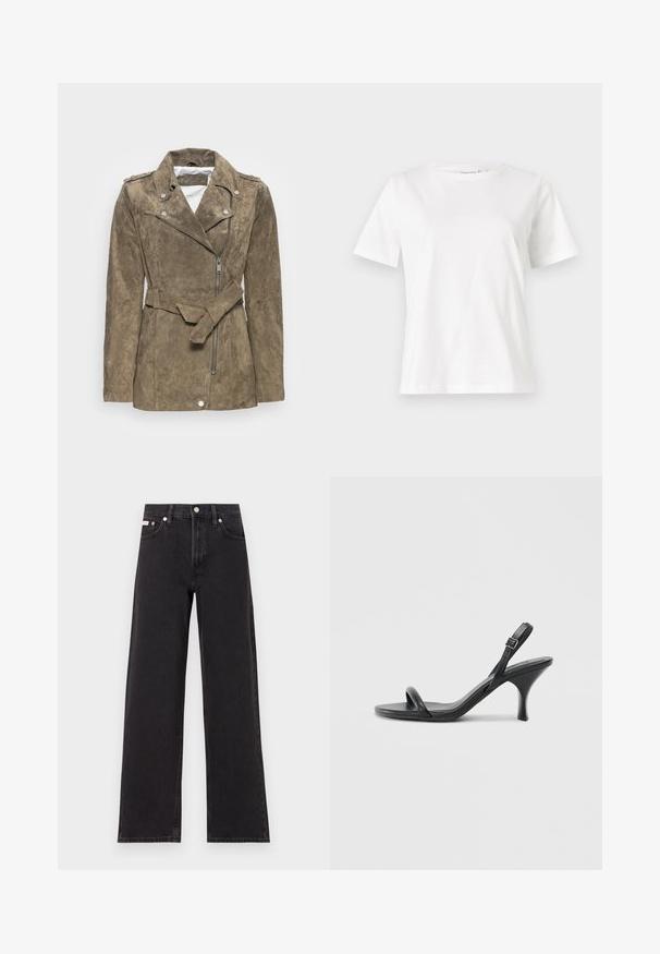 Freaky Nation Casaco de couro - olive; T-shirt de algodão branco com mangas curtas, decote redondo e um corte descontraído. Textura suave, sem padrões ou detalhes, design minimalista.; Jeans de perna larga pretos feitos de denim, apresentando uma cintura alta, estilo de cinco bolsos e um fecho em botão de metal com costura contrastante.; Sandálias de salto alto em couro preto com um salto curvado e fino e um design de tiras cruzadas. Correia ajustável no tornozelo. Textura suave.