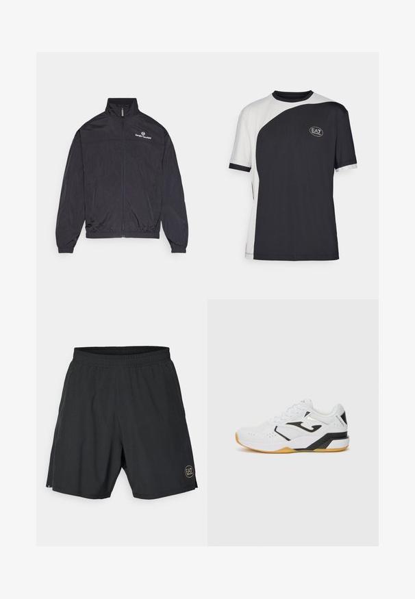 Juodas lengvas džemperis su aukštu apykakle, priekiniais užtrauktukais, elastingomis rankogaliais ir apvadu. Krūtinėje yra baltas logotipas. Lygus paviršius.; Trumpas rankovės marškinėliai, pasižymintys dviejų spalvų juodai baltu dizainu, su lygiu paviršiumi ir EA7 logotipu priekyje.; Juodi sportiniai šortai, pagaminti iš lengvos medžiagos, su elastingu juosmeniu ir auksiniu apvaliu logotipu dešinėje apatinėje pusėje.; Baltas sportinis batelis su juodais akcentais, tekstūruota orui pralaidi viršutinė dalis, perforacijos kvėpuojamumui, storesnis guminis padas ir raišteliais užsegamas dizainas.