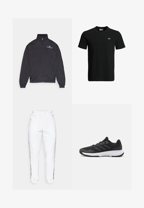 Melns viegls uzvalks ar augstu apkakli, priekšējo rāvējslēdzēju, elastīgām piedurknēm un apakšmalu. Uz krūtīm ir balta logo. Gluda tekstūra.; Melna kokvilnas T-krekls ar apaļu kakla izgriezumu, īsām piedurknēm un mazu zaļu krokodila logotipu kreisajā krūtī. Gluda tekstūra, ikdienišķs dizains.; Baltas sporta bikses ar elastīgu jostasvietu, ar melniem sānu svītrām un aprocēm. Izgatavotas no mīksta auduma ar gludu tekstūru.; Melna sporta apavi ar teksturētu virsu, trim horizontālām svītrām un baltu zoli ar rakstainu protektoru. Viegls un plūstošs dizains.
