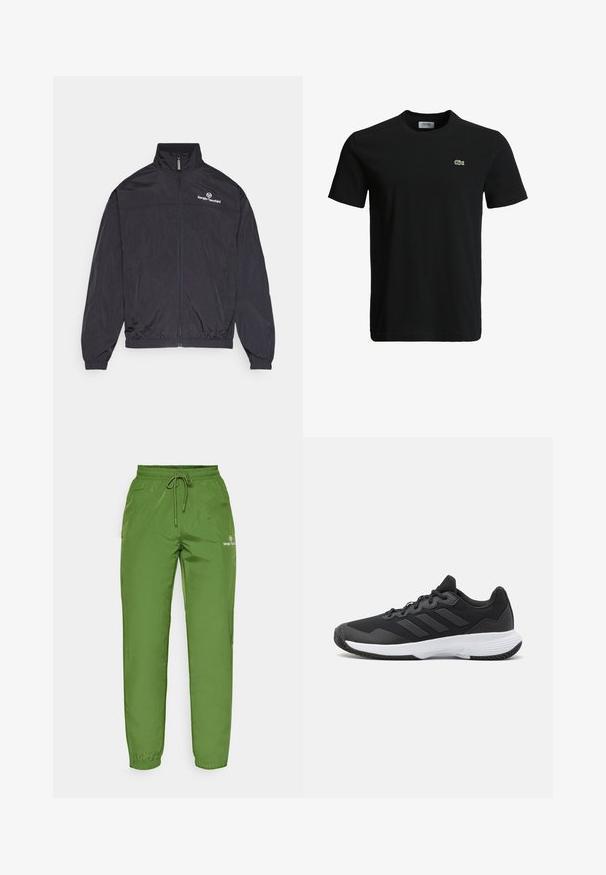Chaqueta ligera negra con un alto cuello, cremallera frontal, puños y dobladillo elásticos. Presenta un logotipo blanco en el pecho. Textura suave.; Camiseta de algodón negra con cuello redondo, mangas cortas y un pequeño logo de cocodrilo verde en el lado izquierdo del pecho. Textura suave, diseño casual.; Pantalones de chándal verdes, ligeros, con cintura elástica, cierre de cordón y detalle de logo en el lado izquierdo. Textura suave y brillante.; Zapatilla deportiva negra con una parte superior texturizada, tres franjas horizontales y una suela blanca con un dibujo en su superficie. Diseño ligero y aerodinámico.