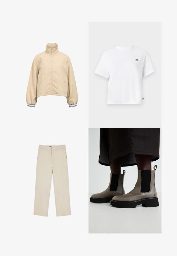 Geplooide beige jas met een staande kraag, ritssluiting aan de voorkant, twee zijzakken en elastische manchetten met marineblauwe en witte strepen.; Witte katoenen T-shirt met een relaxte pasvorm, voorzien van een klein logo-opdruk op de borst en een label aan de zijkant voor een extra detail.; Beige wijde broek van gladde stof, uitgerust met zijzakken, ceintuurlussen en een eenvoudige tailleband.; Grijze enkelbotten van gestructureerd leer met elastische zijpanelen en een stevige zwarte zool. Voorzien van trekpanelen voor gemakkelijk aan- en uittrekken.