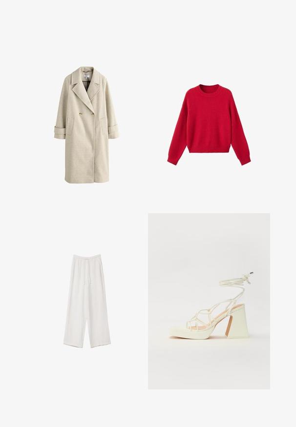 Beige, doppelt-knöpfiger langer Mantel mit breiten Revers, zwei Knöpfen, aufgesetzten Taschen und langen Manschettenriemen vor weißem Hintergrund.; Roter gestrickter Pullover mit langen Ärmeln und Rundhalsausschnitt, mit gerippten Bündchen und Saum, vor einem weißen Hintergrund gezeigt.; Weiße weit geschnittene Hose aus leichtem Stoff. Mit einem elastischen Bund und Kordelzug sowie Seitentaschen. Glatte Textur.; Weiße High-Heel-Sandale mit einem klobigen Absatz, die über ein Riemchendesign und ein Knöchelband verfügt. Glatte Textur mit einer Plattform vorne für zusätzliche Höhe.