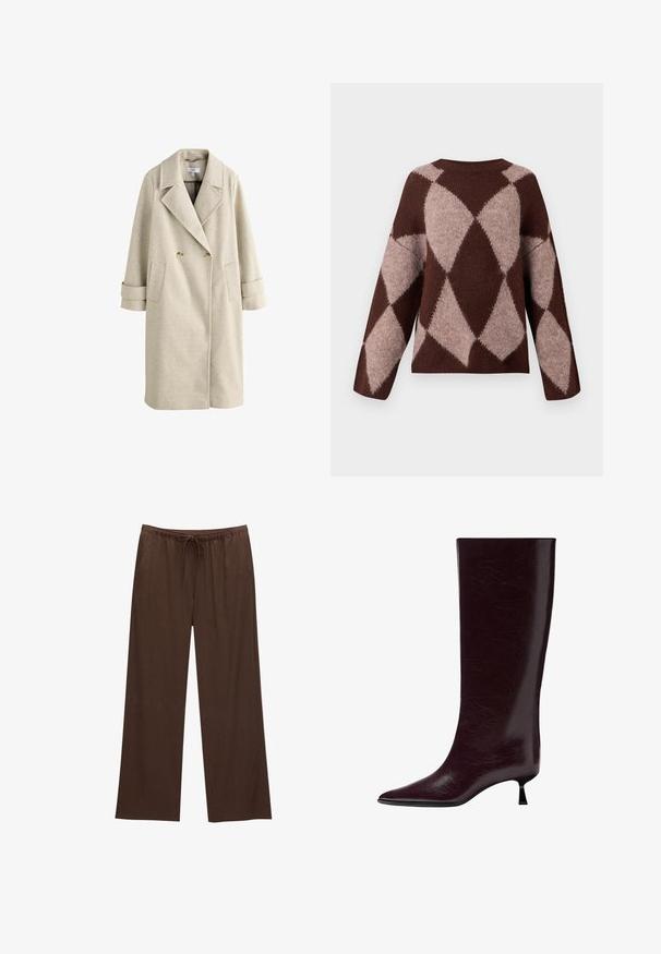 Béžový dvouřadý dlouhý kabát s širokými klopami, dvěma knoflíky, náprsními kapsami a pásky na manžetách visícími na bílém pozadí.; Hnědý a světle béžový pletený svetr s diamantovým vzorem, s dlouhými rukávy a kulatým výstřihem, vyrobený z měkké, texturované látky.; Hnědé široké kalhoty vyrobené z měkkého materiálu, s elastickým pasem na šňůrku a dvěma bočními kapsami.; Dlouhý až po kolena burgundský kožený bot s elegantním texturovaným povrchem, špičatou špičkou a tenkým, vrstveným podpatkem pro zvýšenou výšku.
