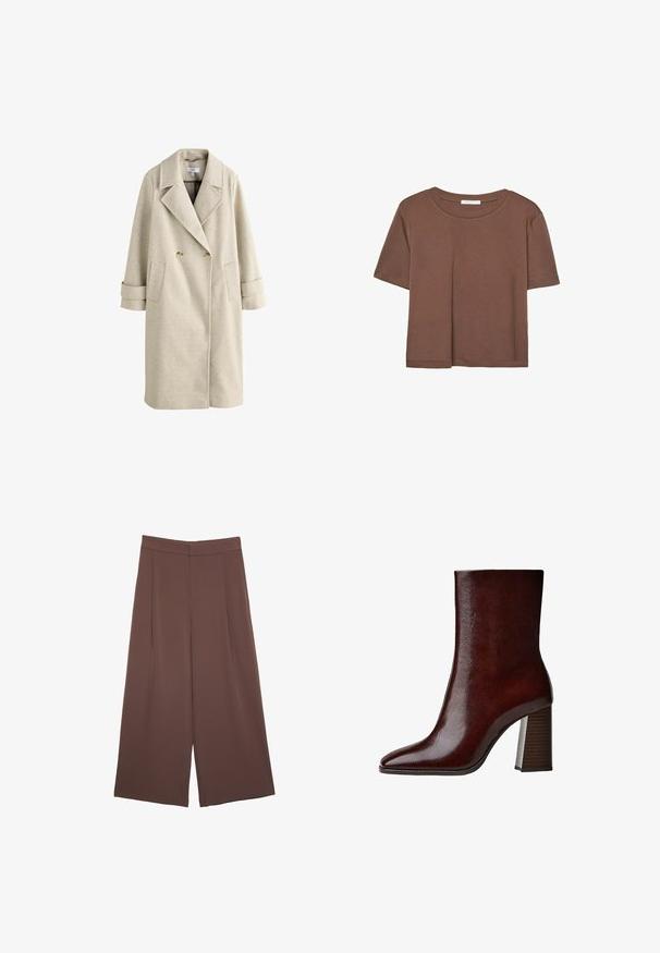 Vaaleanbeige kaksirivinen pitkä takki, jossa on leveät kaulukset, kaksi nappia, läpätaskut ja hihansuut, jotka roikkuvat valkoista taustaa vasten.; Kahvinsävyinen lyhythihainen t-paita, joka on valmistettu pehmeästä kankaasta. Pyöreä pääntie ja rento malli. Ei näkyviä kuvioita tai koristeita.; Ruskeat leveälahkeiset housut, joissa on sileä pinta, korkea vyötärö ja etupleat. Kangas on kevyttä ja laskeutuu väljänä.; Ruskea nahkainen nilkkabootsi, jossa on terävä kärki, sileä pinta ja korkea lohkokorko, jossa on pystysuorat urat.