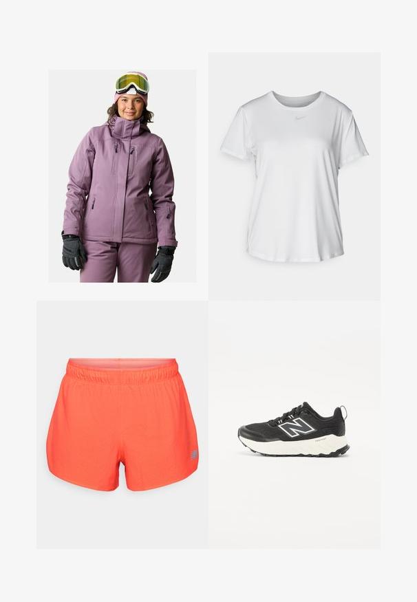 Giacca da sci viola con colletto alto, numerose tasche con zip e finitura opaca. Indossata con un berretto rosa e guanti neri.; T-shirt bianco a maniche corte realizzato in tessuto liscio, con scollatura tonda e un piccolo logo grigio Nike sul petto.; Pantaloni da corsa da uomo in un vivace corallo, realizzati in tessuto traspirante con texture perforata. Presentano una cintura elastica e un accento blu del logo.; Scarpe da ginnastica nere con tomaia in tessuto strutturato, suola intermedia bianca a contrasto e un logo grigio prominente sul lato. Suola in gomma con trazione.