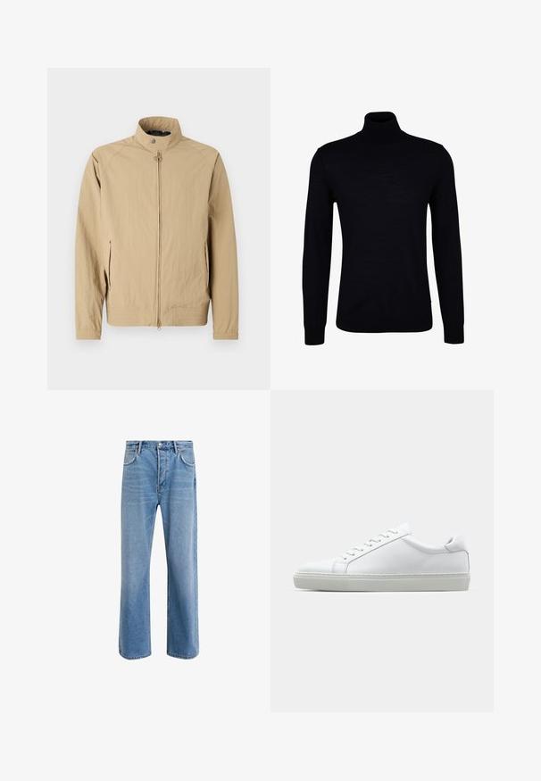 Beige, könnyű dzseki álló gallérral, elülső cipzárral és oldalsó zsebekkel. Rugalmas mandzsettákkal és minimalista dizájnnal rendelkezik.; Fekete garbópulóver sima kötött anyagból. Hosszú ujjakkal, testhezálló nyakkal, illetve bordázott mandzsettákkal és aljjal rendelkezik a kényelmes viselet érdekében.; Világoskék farmernadrág, egyenes szárú fazonnal, öt zsebbel, gombos záródással, minimális kopással és kontrasztos varrással.; Fehér sportcipő sima bőr felső résszel és alacsony profilsal. Kerek orr, hat fűzőlyuk és barázdált gumitalp jellemzi.