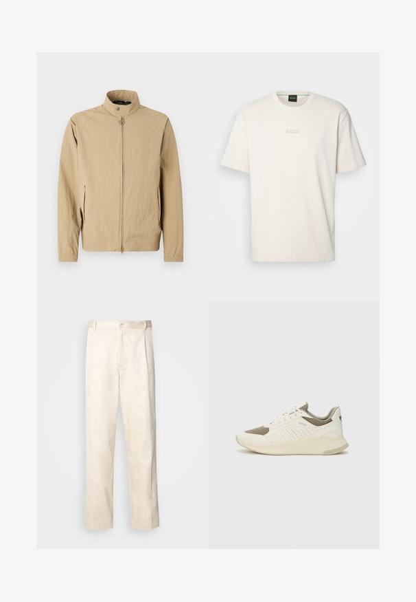 Beige, könnyű dzseki álló gallérral, elülső cipzárral és oldalsó zsebekkel. Rugalmas mandzsettákkal és minimalista dizájnnal rendelkezik.; BOSS TEE - Basic póló - open white; Beige pamut nadrág egyenes szárú kivágással, gombos záródással és elülső redőkkel a részletek fokozása érdekében.; Fehér és világos bézs sportcipő, légies hálós felsőrésszel, perforált részletekkel és texturált középtalppal, amelyen a saroknál a márka logója található.