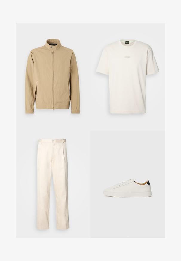 Beige lightweight jacket with a stand collar, front zipper, and side pockets. Features elastic cuffs and a minimalist design.; BOSS TEE - Basic T-shirt - open white; Beige cotton trousers with a straight-leg cut, featuring a button closure and pleats at the front for added detail.; White sneaker with a smooth leather upper, round toe, and flat sole. Black accent at the heel, featuring tonal laces and minimal branding.