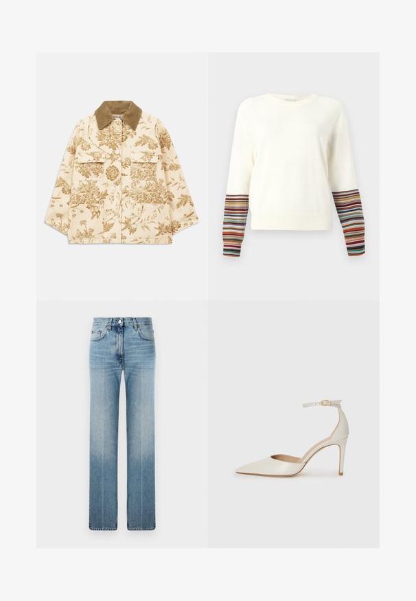 Beige Jacke mit Blumenmuster und Cordkragen, ausgestattet mit vier vorderen Taschen und einer lockeren Passform. Strukturierter Stoff mit botanischen Designs.; Langärmeliger Pullover in Creme mit gerippten Bündchen und mehrfarbigen Streifen. Weicher Stoff, Rundhalsausschnitt, lockere Passform.; Hellblaue gerade geschnittene Jeans aus Denim mit dezentem Verblassen, klassischem Fünf-Taschen-Design und einem Metallknopfverschluss an der Taille.; Weiße Leder-Pumps mit spitz zulaufender Zehe, Knöchelriemen und schlanker Stiletto-Absatz. Glatte Oberfläche mit dezent glänzendem Finish.