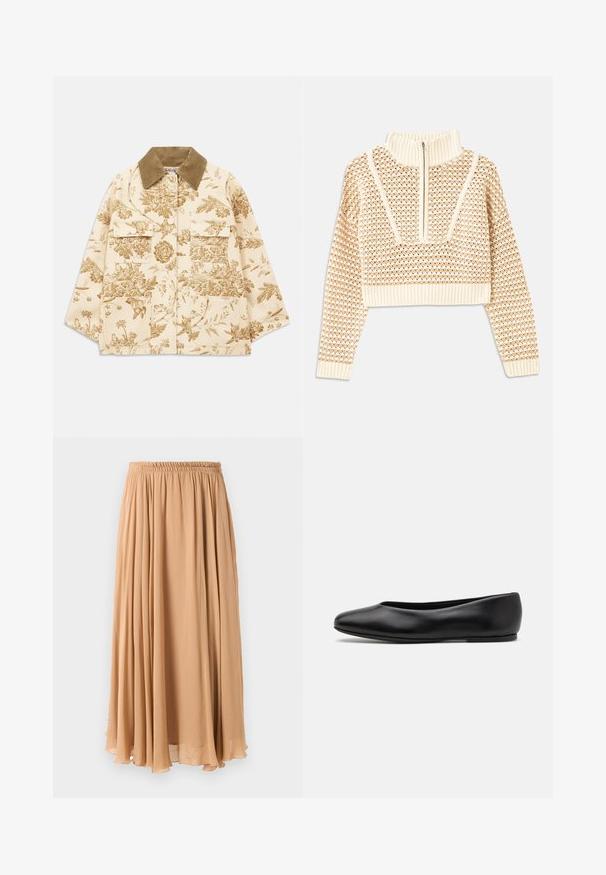 Beige jakke med blomstermønster og cord fløjlskrave, der har fire frontlommer og en afslappet pasform. Struktureret stof med botaniske designs.; Lys beige cropped sweater med lynlås og høj hals, der har et struktureret mønster samt ribbede manchetter og nederste kant. Kombinerer strikkede og vævede materialer.; Maxi nederdel i lys beige, lavet af let stof. Har en indsamlet elastisk talje og bløde pliser for bevægelse.; Paul Smith TOPANGA - Ballerinasko - black