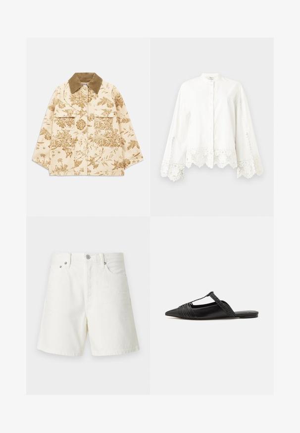 Virágmintás bézs dzseki, kordbársony gallérral, négy elülső zsebbel és laza fitten. Texturált anyag botanikai mintákkal.; Fehér, hosszú ujjú, gombos ing csipkefinéssel az ujjak végén és az alján, mandarin gallérral és finom díszítő varrással.; Fehér farmer sort egyenes szabással, öt zsebbel, elülső gombos záródással, ezüst színű fémrészletekkel és varrt díszítéssel.; Fekete bőr slingback cipő hegyes orral, szőtt díszítéssel és redőzött felső dizájnnal. Lapos talp minimális hardverrel.