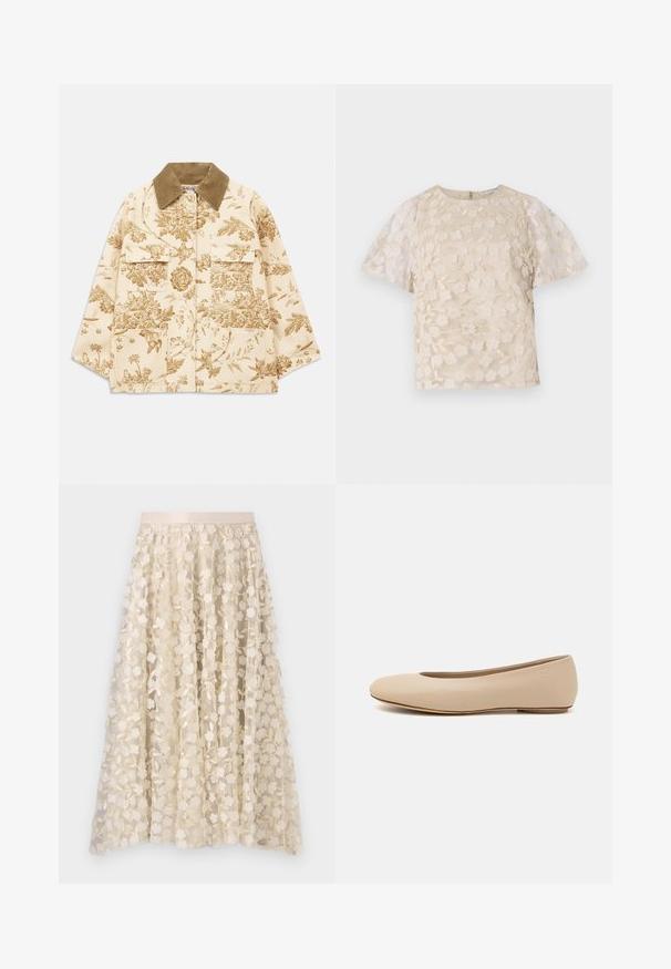 Gėlių raštuotas smėlinis švarkas su drobiniu apykakle, turintis keturis priekinius kišenes ir laisvą siluetą. Tekstūruota medžiaga su botanikiniais raštais.; Bežinė blusa su gėlėmis siuvinėjimu, permatomos pūstinės rankovės, apvali iškirptė ir užtrauktuko uždarymas nugaros pusėje. Tekstūruotas gėlių raštas priekinėje pusėje.; Gėlių siuvinėjimas ant permatomos, kreminės spalvos sijono su satino juosta. Dizainas apima mažas, elegantiškas gėles ir lapus.; Šviesiai ruda odinė baleto bateliai su apvaliu galiuku, minimaliais siūlių detalėmis, žemu kulnu ir subtiliu logotipu gale. Lygi, matinė tekstūra.