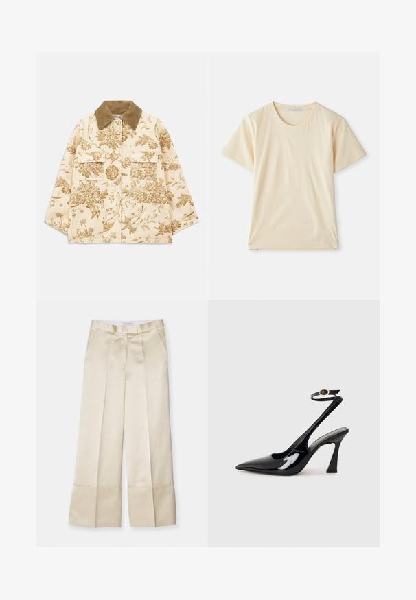 Gėlių raštuotas smėlinis švarkas su drobiniu apykakle, turintis keturis priekinius kišenes ir laisvą siluetą. Tekstūruota medžiaga su botanikiniais raštais.; Kremo spalvos marškinėliai, pagaminti iš švelnios, lengvos medvilnės, su trumpomis rankovėmis ir apykakle. Nėra matomų raštų ar akcentų.; Smėlio spalvos plačios kelnės iš lygaus audinio su aukštu liemeniu, raukšlėta priekyje ir sulenktomis apačiomis, turinčios šonines kišenes ir tvarkingą apdailą.; Juodai lakuoti slingback aukšti kulniukai su smailiu nosiu, reguliuojama čiurnos juostele ir vidutinio dydžio blokiniu kulnu. Lygus paviršius su blizgiu apdaila.