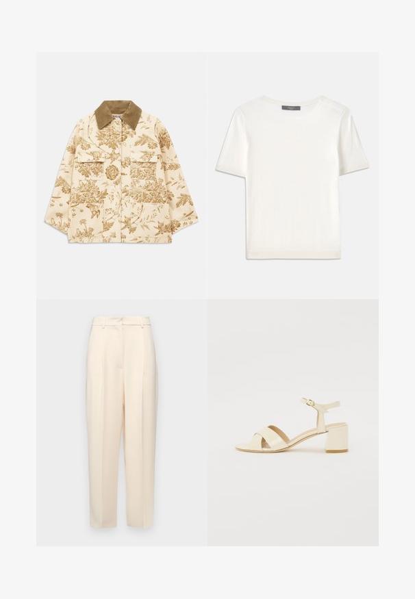 Beige Jacke mit Blumenmuster und Cordkragen, ausgestattet mit vier vorderen Taschen und einer lockeren Passform. Strukturierter Stoff mit botanischen Designs.; Weißes kurzärmliges Strickoberteil mit rundem Halsausschnitt, das eine glatte Textur und subtile Rippakzente an den Ärmeln und dem Saum aufweist.; Beige maßgeschneiderte Hose mit geradem Schnitt, mit Falten an der Vorderseite, einer glatten Textur und einer mittelhohen Taille. Keine sichtbaren Taschen.; Beige lackleder Absatzsandalen mit Kreuzriemen-Design, offener Zehenbereich, verstellbare Knöchellasche und Blockabsatz. Glatte Textur.