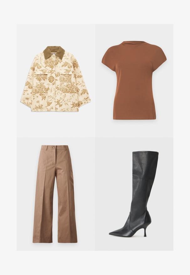 Bež jakna s cvjetnim uzorkom i ovratnikom od kordura, koja ima četiri prednja džepa i opušteni kroj. Tekstura tkanine s botaničkim dizajnom.; Smeđi kratki rukavi vrh od mekog materijala, s okruglim izrezom i opuštenim krojem, glatke teksture bez vidljivih uzoraka.; Smeđe hlače širokih nogavica od glatkog materijala, s prednjim zatvaračem na dugme, dvjema prednjim džepovima i čistim, oblikovanim linijama.; Čizme od crne kože visine do koljena s šiljastim nosom i uskim stiletto potpeticama. Glatka tekstura s tijesnim dizajnom i šavovima na gornjoj ivici.