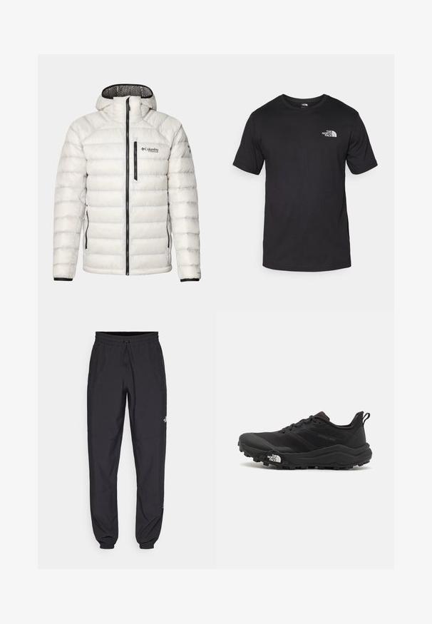 Columbia ARCTIC CREST™ HOODED JACKET - Doudoune - nimbus grey; T-shirt noir à manches courtes en coton, avec un col rond et un petit logo blanc sur le côté supérieur gauche de la poitrine.; Pantalon de sport noir en tissu léger, avec une taille à cordon, des poches latérales et des chevilles resserrées.; Chaussure de trail running noire avec une tige texturée, semelle en caoutchouc et bout renforcé. Présente un col rembourré et une tirette pour un enfilage facile.