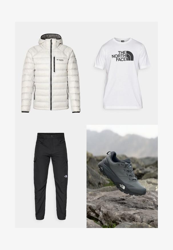 Columbia ARCTIC CREST™ HOODED JACKET - Piumino - nimbus grey; T-shirt bianca in cotone con stampa grafica nera che presenta testo e un design del logo curvo. Collo rotondo e maniche corte. Texture semplice.; The North Face HORIZON PANT - Pantaloni outdoor - black; Scarpa da trail running grigia con tomaia testurizzata, suola in gomma resistente e punta rinforzata. Presenta lacci e logo del marchio sul lato.