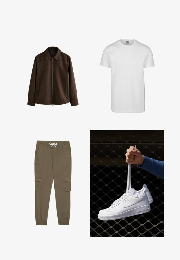 Veste en daim marron avec un col, fermeture éclair sur le devant et deux poches latérales zippées. Tissu lisse avec un design minimaliste.; T-shirt en coton blanc avec un décolleté rond, des manches courtes et une coupe décontractée. L'étiquette indique "URBAN CLASSICS." Texture lisse, sans motifs ni accents.; Pantalons cargo kaki avec une taille élastique et un cordon de serrage, dotés de poches latérales et de chevilles côtelées. Fabriqués en matériau texturé et léger.; Baskets en cuir blanc avec perforations, à bout rond, semelle plate et lacets épais, arborant un logo swoosh visible et "AIR" sur le talon.