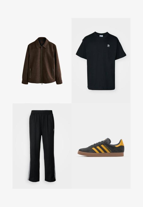 Ruda zomšinė striukė su apykaklės iškirpte, priekyje užtrauktukas ir dvi užtrauktukais uždaromos šoninės kišenės. Lygus paviršius su minimalistišku dizainu.; Juodas medvilnės marškinėliai su apvalia iškirpte ir trumpomis rankovėmis, su mažuoju baltu Adidas logotipu kairėje krūtinės pusėje.; Juodi sportiniai keliai su elastingu juosmeniu, su baltais šonais ir mažu logotipu. Atrodo, kad medžiaga yra minkšta ir lengva.; Juodas zomšinės sportbačiai su geltonais akcentais, turintys tris juosteles ir rudą gumos padą. Apima paminkštintą liežuvėlį patogumui.