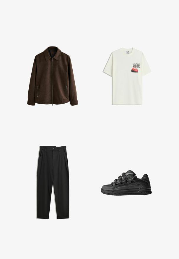 Braune Wildlederjacke mit einem Kragen, Frontreißverschluss und zwei seitlichen Reißverschlusstaschen. Glatte Textur mit einem minimalistischen Design.; Weißes T-Shirt mit kurzen Ärmeln und einer kleinen Grafik des roten Lightning McQueen Autos sowie dem Text "Lightning McQueen 95" auf der linken Brust.; Schwarze Baumwollhose mit lockerem Schnitt, ausgestattet mit einem klassischen Bund, vorderen Falten und Seiten taschen. Glatte Textur ohne Muster.; Schwarze Sneakers mit einem glatten Leder-Obermaterial, strukturierten Akzenten und runden schwarz-weißen Schnürsenkeln. Dicke Gummisohle mit einem gemusterten Profil.