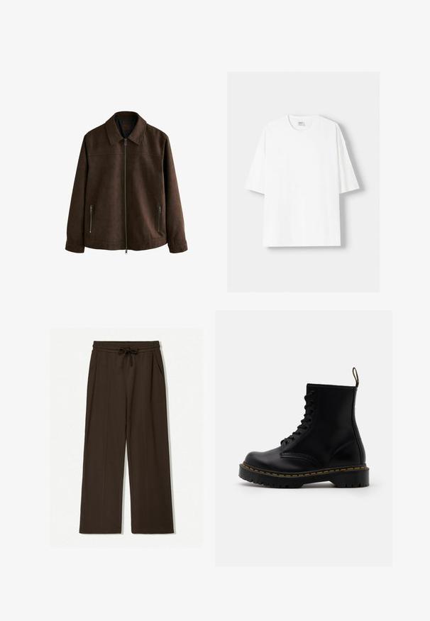 Ruskea nubuck-takki, jossa on kauluksellinen kaula, etuvetoketju ja kaksi vetoketjullista sivutaskua. Sujuva rakenne ja minimalistinen muotoilu.; Valkoinen lyhythihainen t-paita, joka on valmistettu puuvillasta, ominaisuutenaan pyöreä pääntie ja rento istuvuus. Sileä pinta, ilman näkyviä kuvioita tai yksityiskohtia.; Ruske leve velike hlače iz mehkega materiala, z elastičnim pasom in vrvico, dvema stranskima žepoma ter gladko teksturo.; Mustat nahkaiset nilkkasaappaat, joissa on nauhaketjullinen etuosa, keltainen ympärystikkauksen, pyöreä varvas ja paksu, teksturoitu kumipohja.