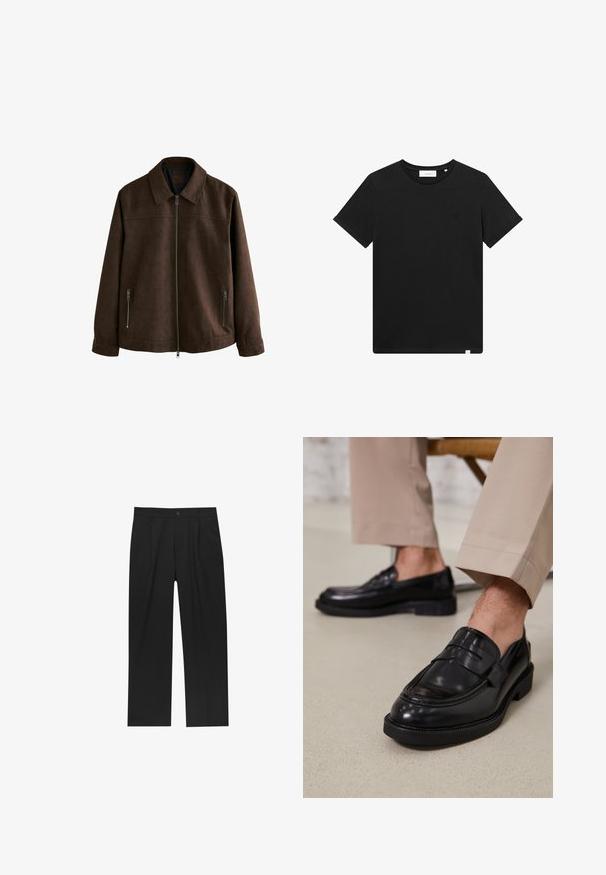 Giacca in suede marrone con colletto, zip frontale e due tasche laterali con zip. Texture liscia e design minimalista.; T-shirt nera a maniche corte in cotone, con scollatura rotonda e un piccolo logo ricamato sul petto. Tessuto liscio, vestibilità standard.; Pantaloni neri con un design a gamba dritta, realizzati in un tessuto liscio. Presentano pieghe frontali e una chiusura a un bottone in vita.; Mocassini in pelle nera con finitura liscia, dotati di una cintura decorativa e cuciture a contrasto, abbinati a pantaloni beige.
