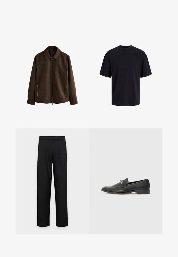 Smeđi sued jakna s ovratnikom, prednjim zatvaračem i dva bočna džepa sa zatvaračem. Glatka tekstura s minimalističkim dizajnom.; Crna pamučna majica s okruglim izrezom, kratkim rukavima i opuštenim krojem. Glatka tekstura bez vidljivih uzoraka ili dekoracija.; Crne hlače od glatkog materijala, s dizajnom ravnih nogavica, dva prednja nabora i standardnim pojasom s petljama za remen.; Crna kožna loafer cipela s glatkom finišem, s ušivenim uzorkom i dekorativnim metalnim lancem preko prednjeg dijela. Ravni potplat.
