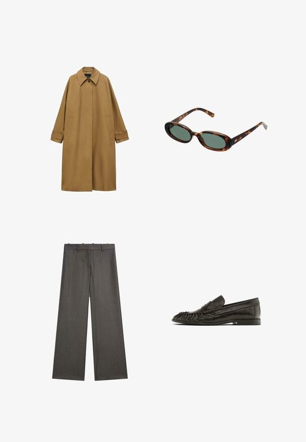 Brauner Trenchcoat aus glattem Stoff, mit einem Kragen, langen Ärmeln und zwei seitlichen Taschen. Lockerer Schnitt, knielange Ausführung.; Grauer gestrickter V-Ausschnitt Pullover mit langen Ärmeln, gerippten Bündchen und Saum, flach auf einem weißen Hintergrund präsentiert.; Weite Hosen in Dunkelgrau mit einem subtilen Nadelstreifenmuster. Aus einem glatten Stoff gefertigt, mit flachem Vorderteil und Gürtelschlaufen.; Schwarze Lederloafer mit einem Fransenmuster an der Zehenpartie, flacher Sohle und einer gesteppten Akzentnähte über dem Obermaterial. Glatte Textur und minimalistischer Stil.; Schildpatt-Sonnenbrille mit ovalen Rahmen und grünen Gläsern. Verfügt über dünne Bügel mit einem metallischen Akzent in der Nähe der Scharniere.; Dunkelbraune Leder-Shopper-Tasche mit schlanken Doppelgriffen und einem silberfarbenen rechteckigen Schnallendetail am vorderen Riemen.