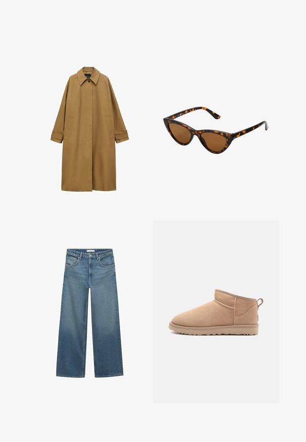 Brun trenchcoat lavet af glat stof, med krave, lange ærmer og to sidelommer. Løs pasform, knælangt design.; Brun strikket sweater med rund halsudskæring, sænkede skuldre og ribstrikkede manchetter. Blød tekstur, cropped design og løs pasform.; Lysblå vid ben jeans lavet af denim, med mellemhøj talje, to frontlommer og klassiske syninger.; Brune ruskindsankelstøvle med en rund tå, blød tekstur, enkelt design og en lavprofil gummisål. Har en trækrem bagpå.; Kat-ejede solbriller med en sort og orange skildpaddemønstret stel, brune linser og slanke, spidse ender. Har et minimalistisk logo på skabelsen.; Mørkebrun ruskinds håndtaske med en struktureret form, der har to top håndtag og en aftagelig rem med en guldtonet spænde accenter.