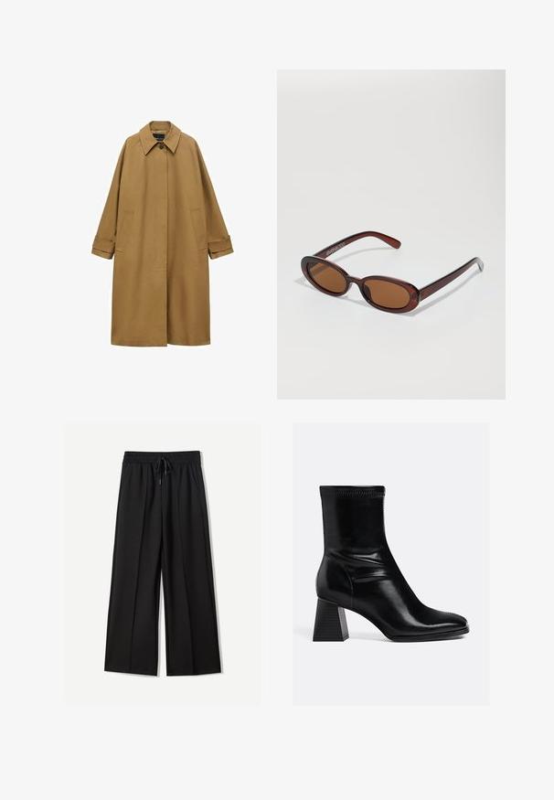 Brun trenchcoat lavet af glat stof, med krave, lange ærmer og to sidelommer. Løs pasform, knælangt design.; Sort turtleneck sweater lavet af blødt strikket stof. Har ribbet kant, lange ærmer og en afslappet pasform. Simpelt og alsidigt design.; Sorte bukser med bred benvidde lavet af blødt stof. Har en elastisk talje med snøre og to sidelommer. Flad front med plisseringer.; Sorte læder ankelstøvler med en glat finish, firkantet tå og en struktureret blokhæl. Har elastisk ankeldesign og synlige syninger.; Runde, bruntonede solbriller med en glansfuld bordeauxramme. Slanke arme med diskret brandingdetalje. Flad linsedesign.; Sort læderhåndtaske med struktureret form, top-håndtag, glat tekstur, guldfarvede metaldele og en frontlås. Har branding ved bunden.