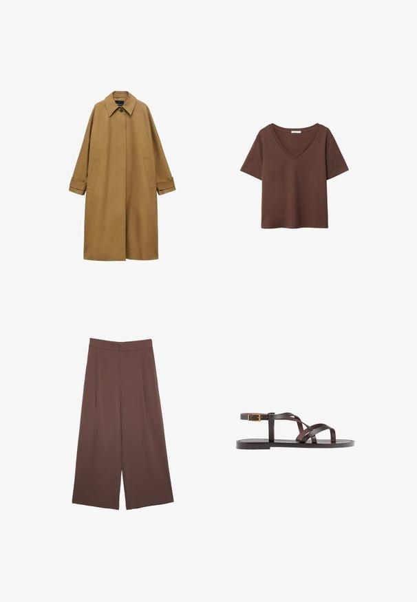 Rjav plašč iz gladkega materiala, opremljen s ovratnikom, dolgimi rokavi in dvema stranskima žepoma. Ohlapen kroj, do kolen.; Rjava bombažna majica s kratkimi rokavi in globokim V-izrezom. Preprost dizajn, mehak material in raven rob. Brez vzorcev ali dekorativnih elementov.; Rjave široke hlače z gladko teksturo, ki imajo visok pas in sprednje naborke. Tkanina je lahka in prosto pada.; Rjav usnjen sandal z načinom prečnega črta, zaklepom okoli gležnja in ravnim podplatom z minimalnimi šivi.