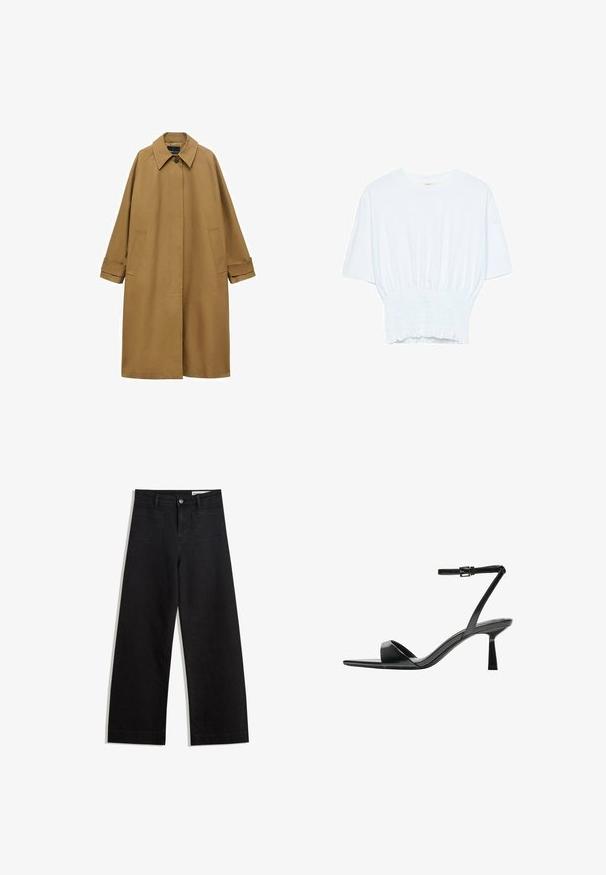 Cappotto trench marrone realizzato in tessuto liscio, con colletto, maniche lunghe e due tasche laterali. Vestibilità ampia, design fino al ginocchio.; T-shirt bianco a maniche corte con una vestibilità rilassata e una texture smock in vita. Realizzato in tessuto morbido e leggero.; Pantaloni in denim neri a gamba larga con vita alta, dotati di tasche anteriori e posteriori, cuciture a punto, e chiusura con bottone. Texture liscia.; Bershka Sandali con tacco - black