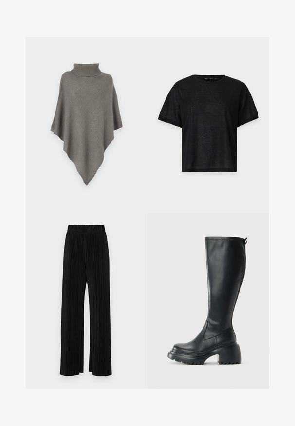 Hallitusseente mustriline poncho kõrge kraega, millel on avar, voogav disain ja kolmnurkne kuju, valmistatud pehmest lõngast.; Must musta lühikese varrukaga T-särk, millel on vabalt langev lõige, sile tekstuur ja ümmargune kaelus. Kerge kangas, millel on kerge sära.; Mustad pleekitud püksid elastse vöökohtaga. Omavad laiad jalad ja sujuvat, tekstureeritud kangast vertikaalsete triipudega.; Kõrge must nahksaapad, millel on massiivne platvormi tald ja blokk-kand, varustatud tõmbenööriga ja tekstuuriga väljatõmbejääk.