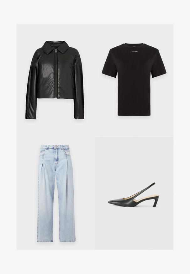 Veste cropped en simili cuir noir avec un col et fermeture zippée. Dispose de longues manches et d'une texture lisse et brillante.; T-shirt noir en coton à manches courtes, col rond, avec un petit logo blanc "Calvin Klein" sur la poitrine. Texture lisse, coupe classique.; Jeans en denim bleu clair avec taille haute, coupe large, deux poches latérales et design plissé. Texture douce avec une finition décolorée.; Slingback noir à bout pointu avec un petit talon, en cuir lisse et doté d'un design découpé sur le côté pour plus de respirabilité.