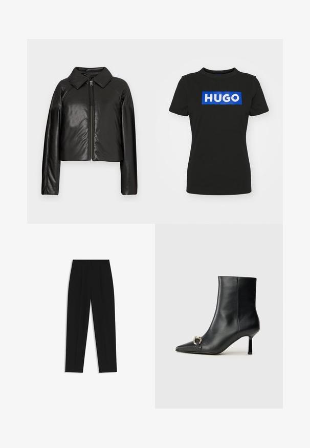 Zwarte faux leren cropped jack met een kraag en ritssluiting. Heeft lange mouwen en een soepele, glanzende textuur.; Zwarte t-shirt met korte mouwen van katoen, met een grote blauwe rechthoekige grafiek waarop het woord "HUGO" in witte vette letters staat.; Zwarte broeken met een rechte pasvorm, voorzien van dubbele plooien, een zachte textuur en een klassiek taillebandontwerp. Geen zichtbare hardware of accenten.; Zwarte leren enkelboot met spitse neus, slanke middenhoge hak en zilveren gespdetail aan de zijkant op een effen achtergrond.