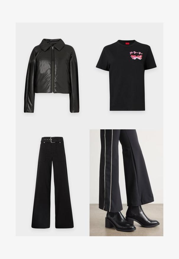 Giacca cropped nera in ecopelle con colletto e chiusura a zip. Caratterizzata da maniche lunghe e una texture liscia e lucida.; T-shirt in cotone nero con maniche corte, caratterizzato da una grafica rosa di occhiali da sole e la scritta "Non tua ragazza" sulla parte sinistra del petto.; Pantaloni neri a gamba larga realizzati in cotone, con vita alta, ampie tasche laterali e vita con cintura arricchita da dettagli in metallo argentato.; Stivaletti in pelle nera con tacco a blocco, dotati di pannelli elastici sui lati. Abbinati a pantaloni neri con una striscia bianca laterale.