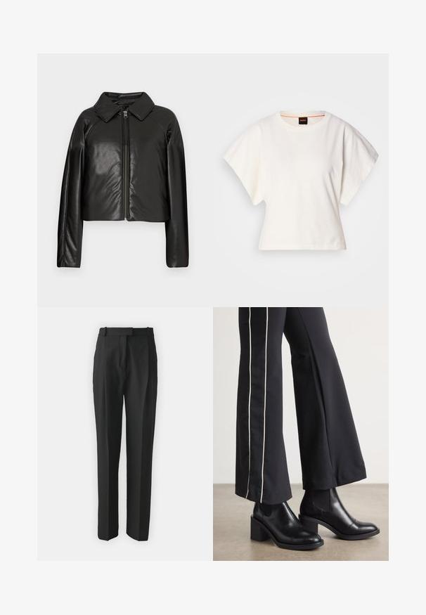 Veste cropped en simili cuir noir avec un col et fermeture zippée. Dispose de longues manches et d'une texture lisse et brillante.; T-shirt blanc cintré, manches courtes et larges, en coton doux, décolleté rond avec une discrète bordure orange, design minimaliste, sans motifs ni graphiques.; Pantalons noirs ajustés en tissu léger, avec une coupe droite, un devant plat et des passants de ceinture. Texture lisse sans motifs visibles.; Bottines en cuir Noir avec un talon bloc, dotées de panneaux élastiques sur les côtés. Associées à un pantalon noir avec une rayure blanche sur le côté.