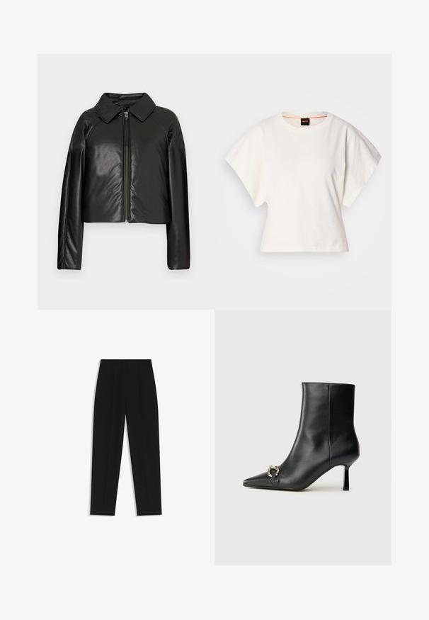 Black faux leather cropped jacket with a collared neckline and zip closure. Features long sleeves and smooth, glossy texture.; White cropped T-shirt, short wide sleeves, soft cotton material, round neckline with subtle orange trim, minimal design, no patterns or graphics.; Black trousers with a straight fit, featuring double pleats, a smooth texture, and a classic waistband design. No visible hardware or accents.; Black leather ankle boot with pointed toe, slim mid-height heel, and silver buckle detail on side against plain background.