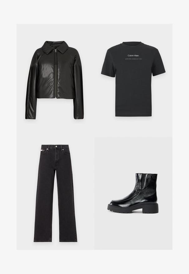 Černá faux kůže zkrácená bunda s límečkem a zipem. Obsahuje dlouhé rukávy a hladký, lesklý povrch.; Černé bavlněné tričko s kulatým výstřihem, krátkými rukávy a bílým potiskem loga "Calvin Klein" a textem "Established 1968".; Černé široké jeansy vyrobené z denimu, s vysokým pasem, pěti kapsami a kovovým zapínáním s kontrastním prošíváním.; Černé kotníkové boty s lesklým lakovaným povrchem, robustní černou gumovou podešví a zvýšeným podpatkem; obsahují jemný logo detail na boku.